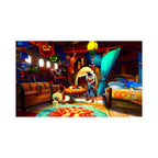 Ein Charakter steht in Monster Hunter: Stories in einem farbenfrohen Zimmer mit Truhe und Bett.