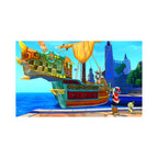 In Monster Hunter: Stories steht ein Charakter mit Begleiter vor einem großen Schiff im Hafen.