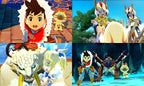 Vier verschiedene Spielszenen aus Monster Hunter: Stories mit Charakteren und Monstern.