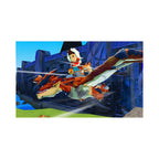 Ein Reiter fliegt in Monster Hunter: Stories auf einem roten Drachen über eine Burglandschaft.