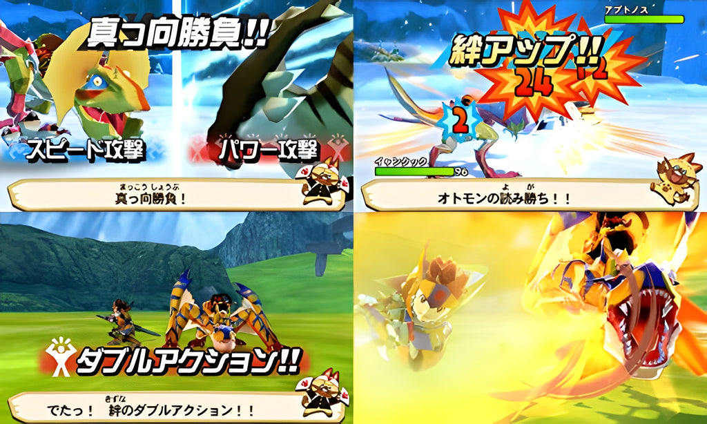 Vier Kampfszenen mit japanischer Benutzeroberfläche aus Monster Hunter: Stories.