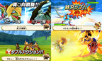 Vier Kampfszenen mit japanischer Benutzeroberfläche aus Monster Hunter: Stories.