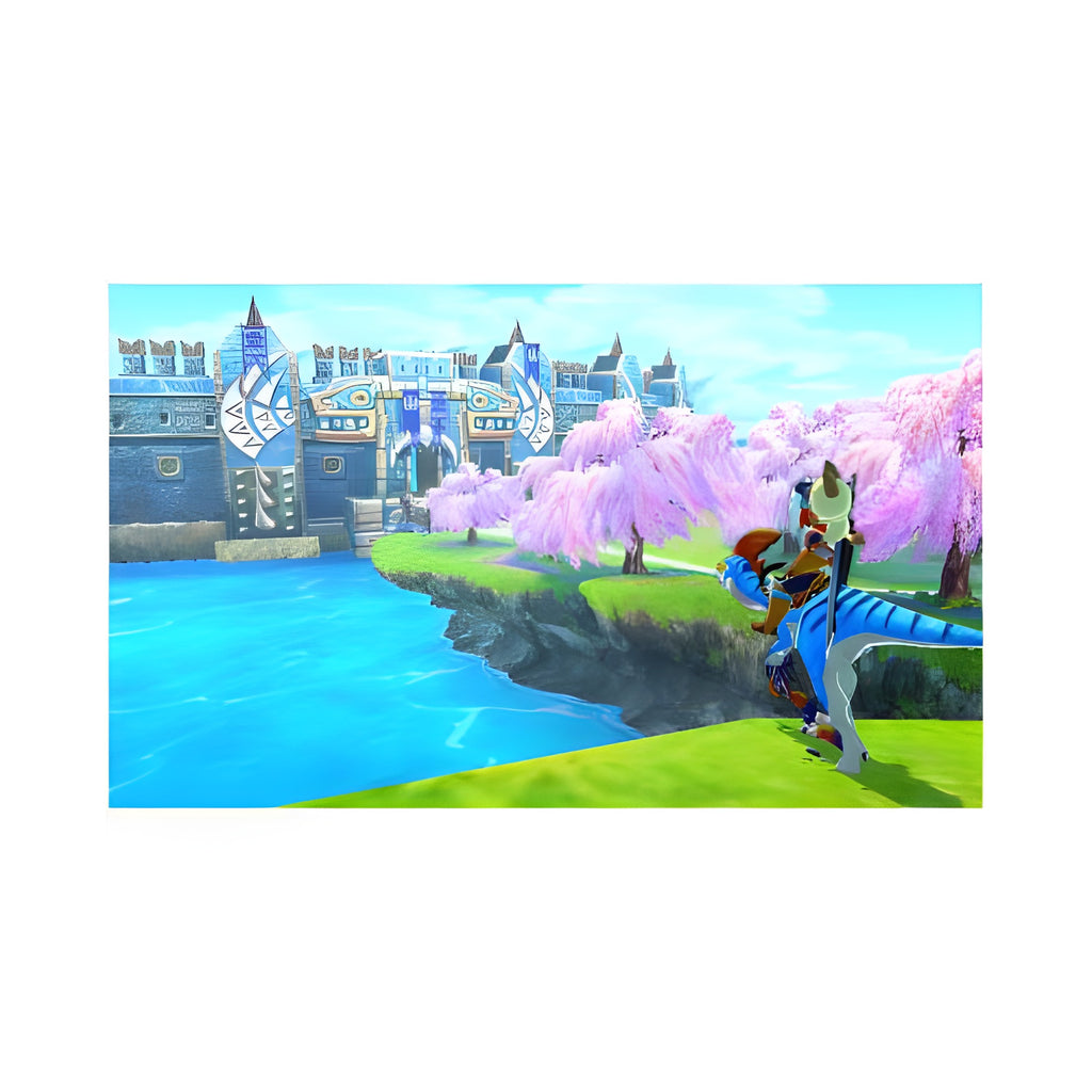 Ein Reiter auf einem blauen Raptor blickt in Monster Hunter: Stories auf eine blühende Landschaft mit Burg.