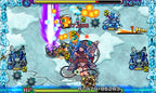 Eine Kampfszene aus Monster Strike zeigt mehrere Monster in einer eisigen Umgebung mit lila Lichtstrahlen.