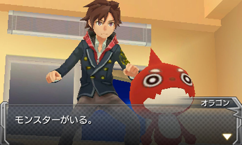 Ein männlicher Charakter und ein rotes Monster führen in Monster Strike einen Dialog in einem Raum.