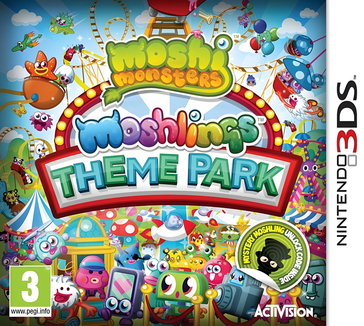 Das Cover von Moshi Monster: Moshlings Theme Park zeigt viele bunte Monster in einem Vergnügungspark mit PEGI 3.