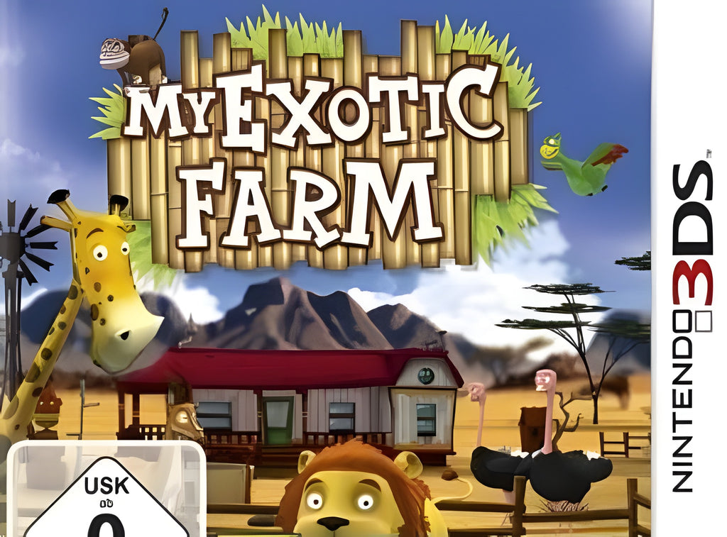 Das Cover von My Exotic Farm zeigt eine Giraffe, einen Löwen und Strauße vor einem Bauernhof, USK ab 0.