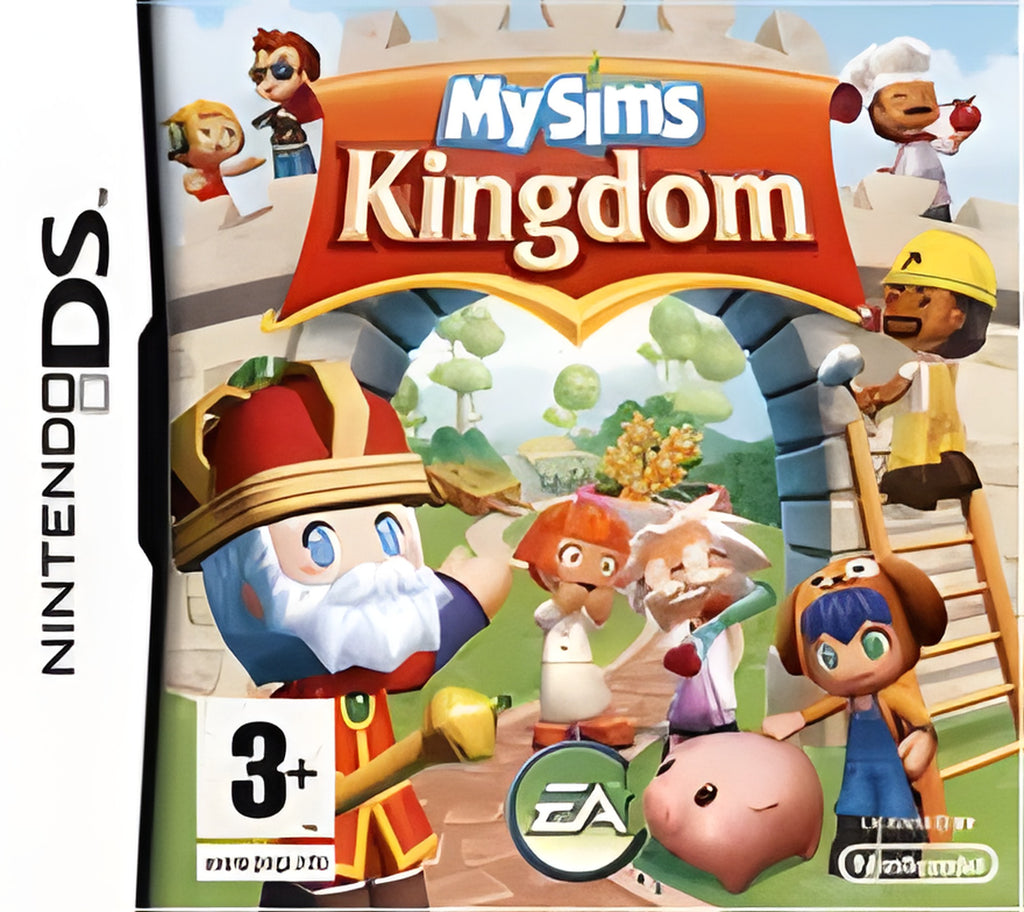 Das Cover von My Sims: Kingdom für Nintendo DS zeigt einen König und weitere Charaktere vor einer Burg, PEGI 3.