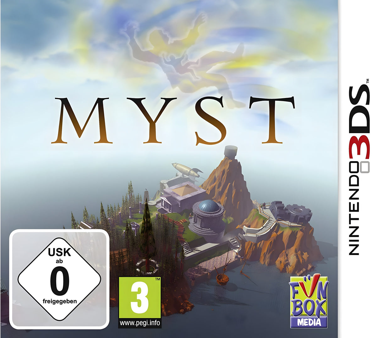 Das Cover von Myst für Nintendo 3DS zeigt eine Insel mit Gebäuden und einem Raketenschiff, USK ab 0.