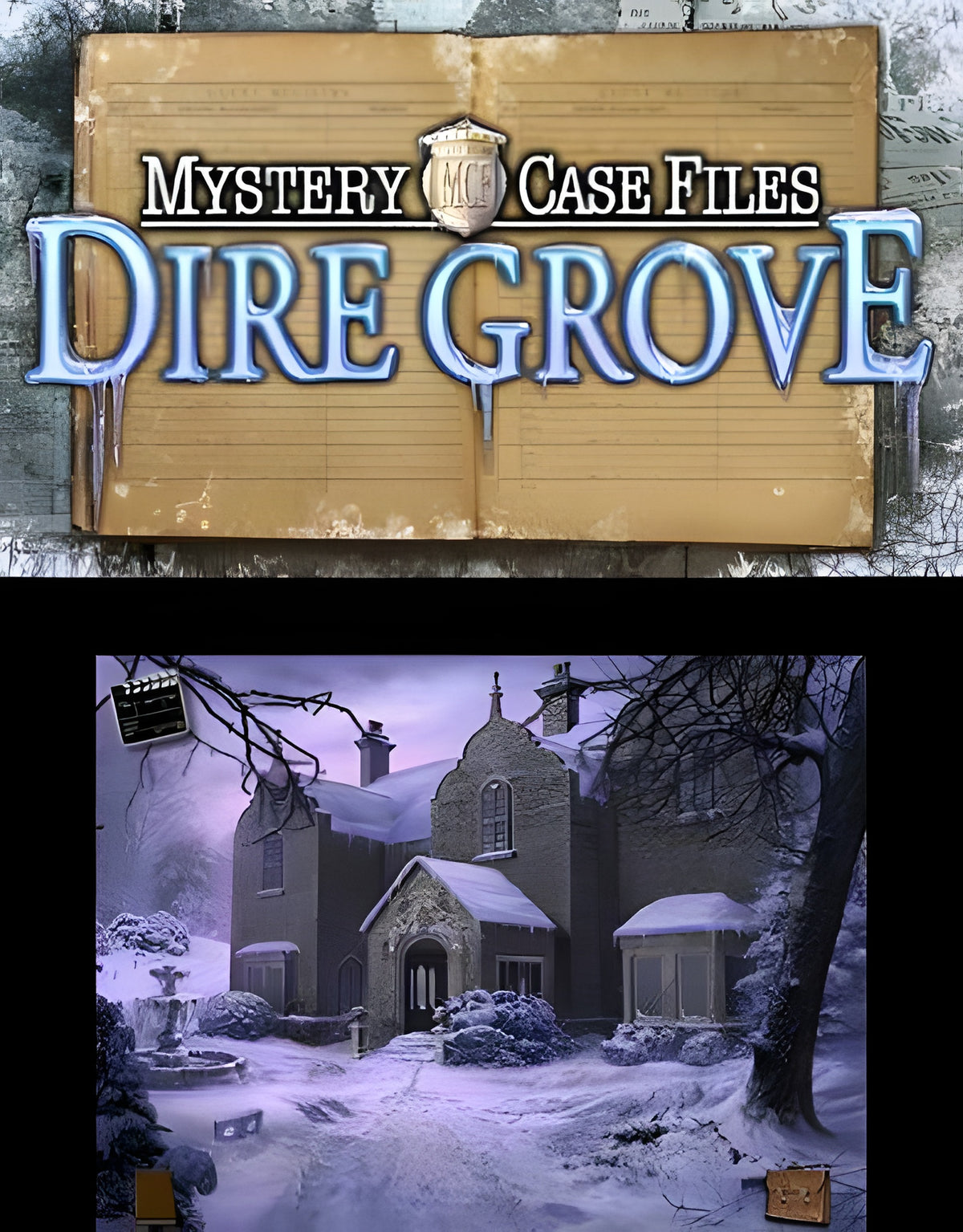Mystery Case Files: Dire Grove zeigt ein schneebedecktes Herrenhaus mit Brunnen und kahlen Bäumen im Winter.