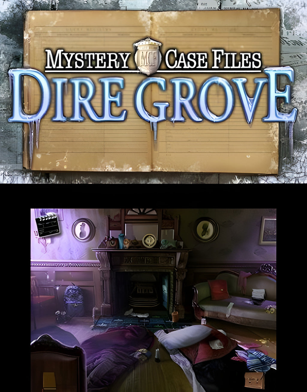 Ein unaufgeräumtes Wohnzimmer mit Kamin und Sofa ist in Mystery Case Files: Dire Grove zu sehen.
