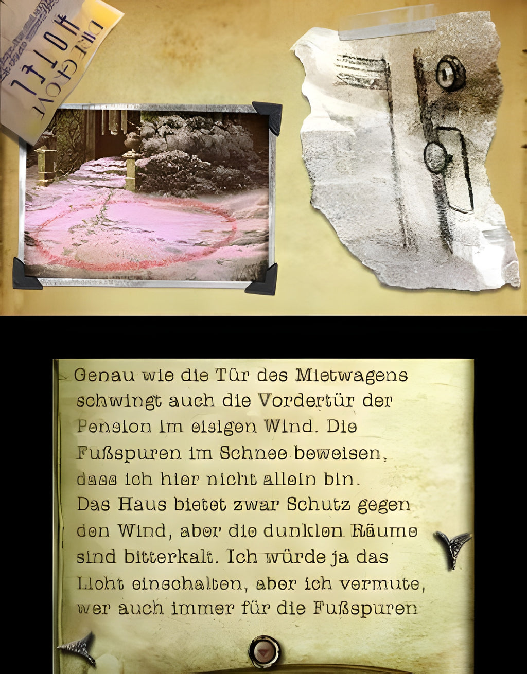 Mystery Case Files: Dire Grove zeigt eine Tagebuchseite mit Text und Bildern von Fußspuren im Schnee.