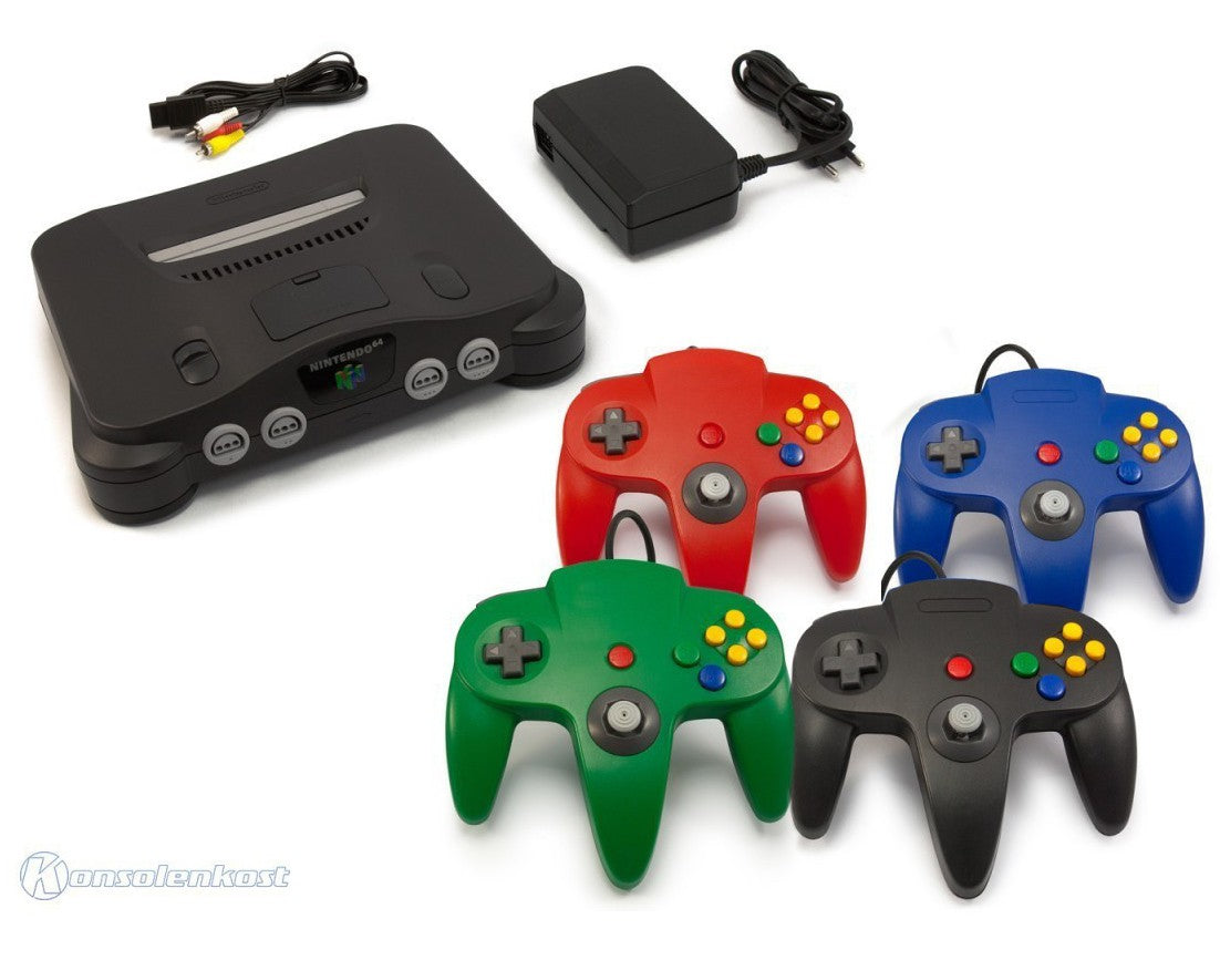 Konsole + 4 Controller rot-schwarz-blau-grün + Zubehör