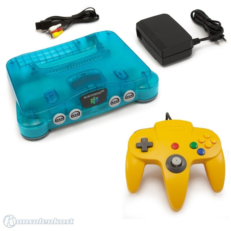 Konsole Clear Blue + Controller gelb + Zubehör