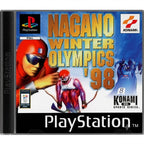 Die Verpackungsvorderseite von Nagano Winter Olympics '98 für PlayStation zeigt Skifahrer und Bobsledder.