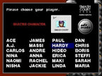 Die Charakterauswahl von Namco Tennis Smash Court zeigt eine Liste von Spielernamen auf schwarzem Hintergrund.
