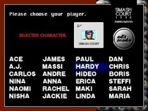 Die Charakterauswahl von Namco Tennis Smash Court zeigt eine Liste von Spielernamen auf schwarzem Hintergrund.