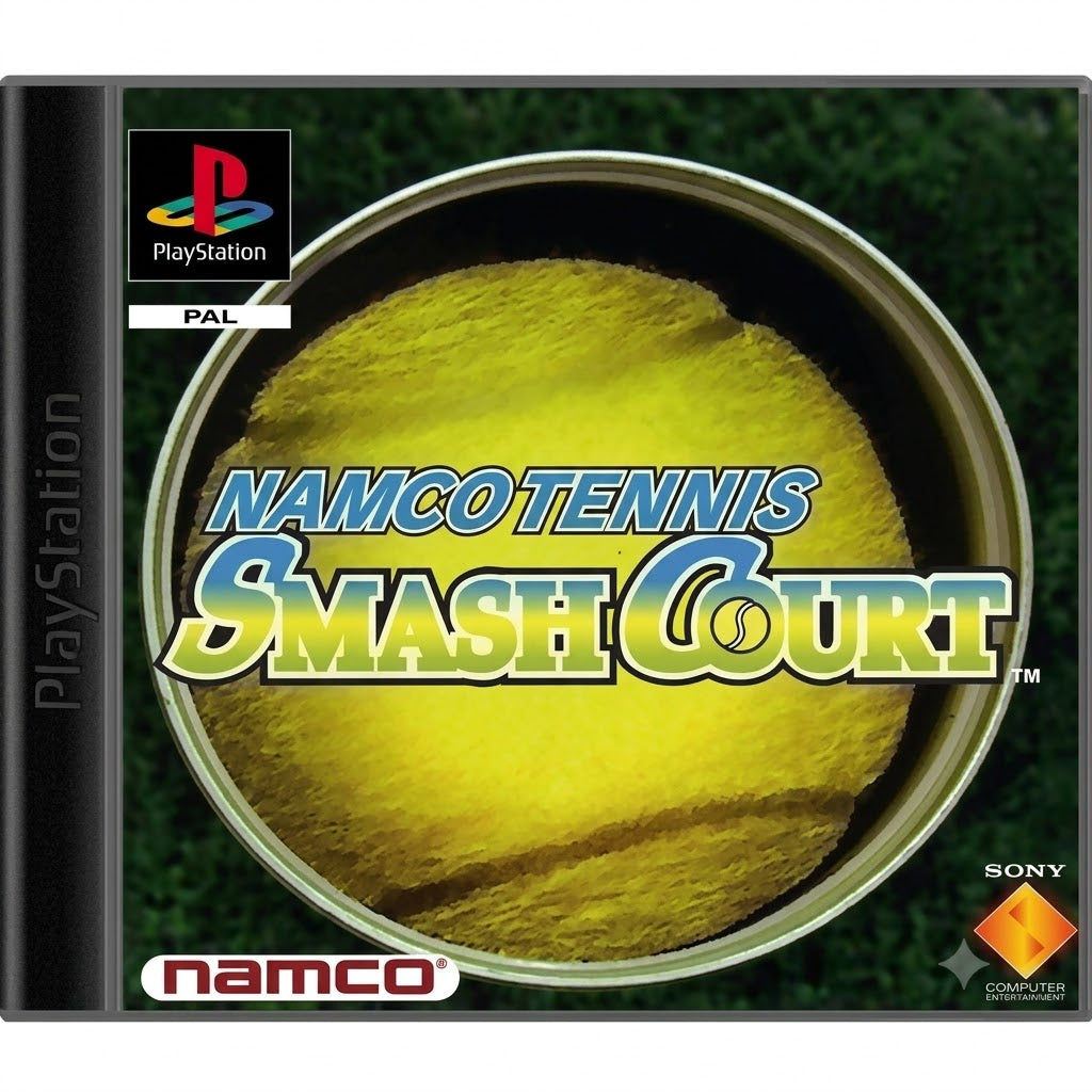 Namco Tennis Smash Court für PS1 zeigt einen Tennisball in einer Dose mit dem Spieltitel und dem PlayStation-Logo.