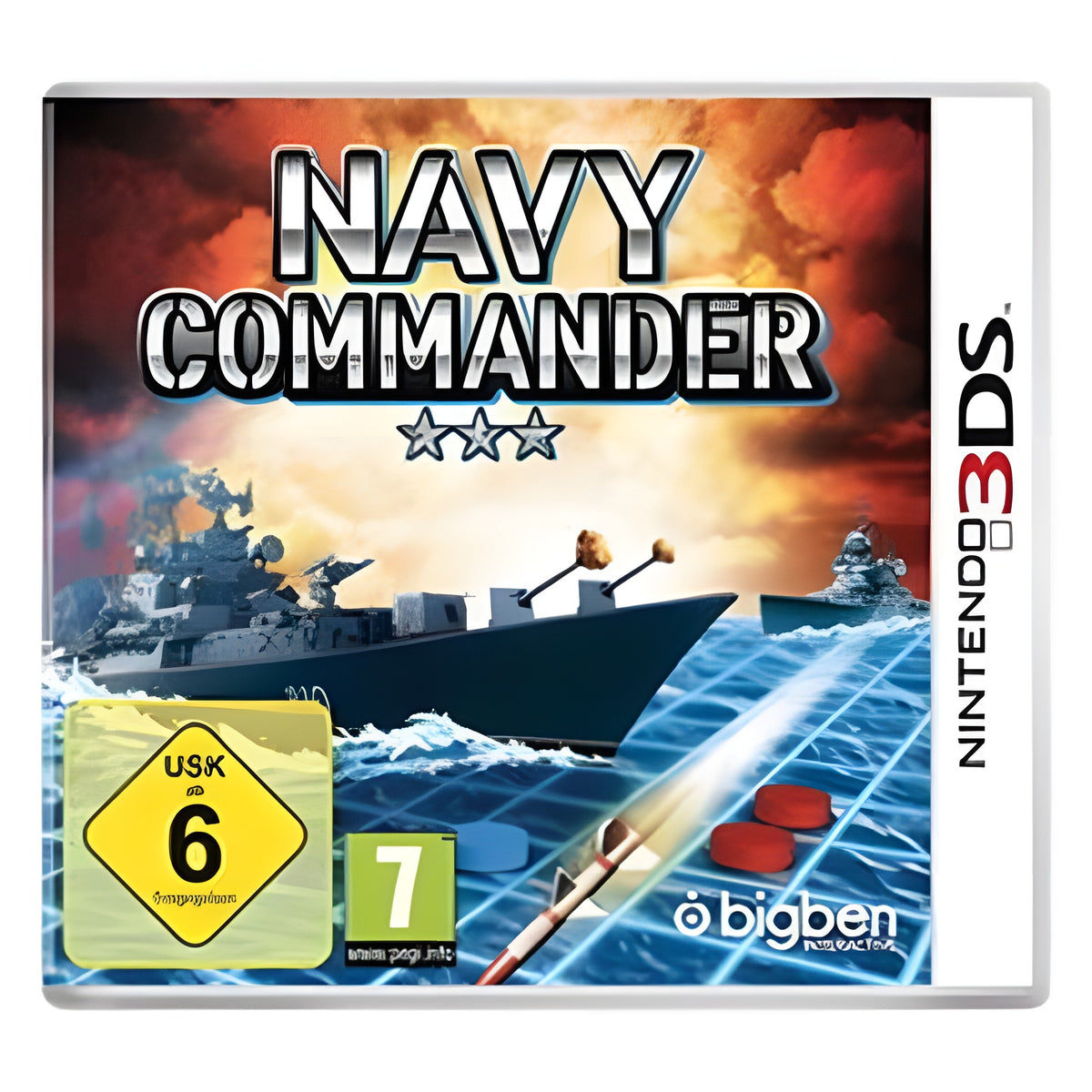 Das Cover von Navy Commander zeigt ein Kriegsschiff auf dem Meer mit einem Torpedo und dem USK ab 6 Siegel.