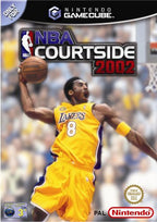 NBA Courtside 2002 für GameCube zeigt Kobe Bryant im gelben Lakers-Trikot beim Dunking, PAL-Version.