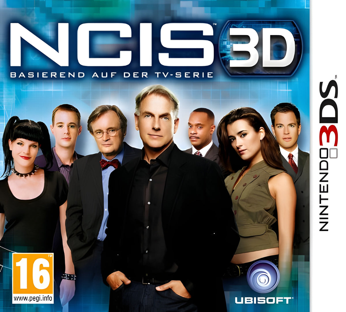 Das Cover von NCIS für Nintendo 3DS zeigt die sieben Hauptdarsteller der TV-Serie und das PEGI-16-Siegel.