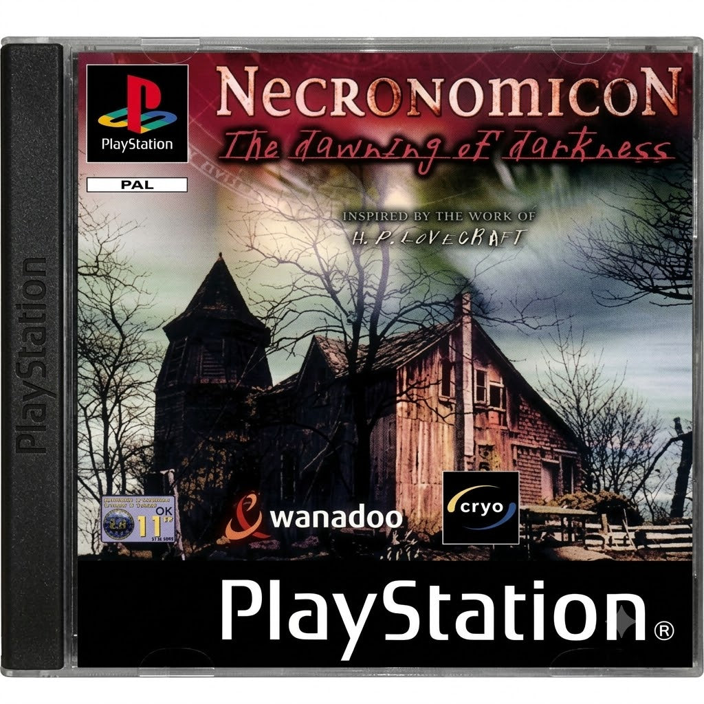 Das Cover von Necronomicon: Dämmerung der Dunkelheit für PS1 zeigt ein altes, verfallenes Haus bei Nacht, USK ab 12.