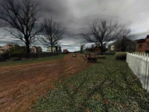 Eine schlammige Dorfstrasse führt unter einem bewölkten Himmel durch eine Siedlung mit Bäumen und Zäunen.