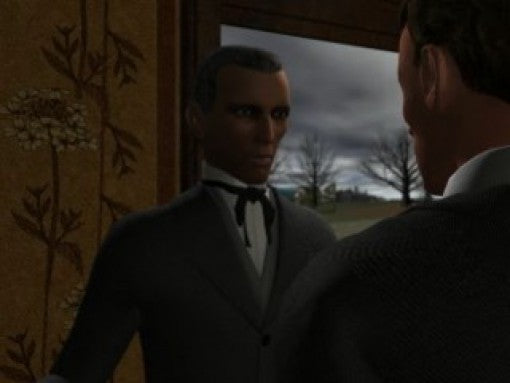 Zwei Männer in Anzügen stehen sich gegenüber, einer davon mit dunkler Hautfarbe und Fliege.