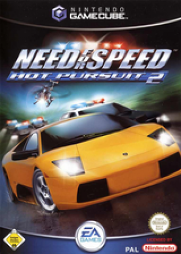 Need for Speed: Hot Pursuit 2 für GameCube zeigt ein gelbes Sportauto und Polizeiwagen, USK ab 0.