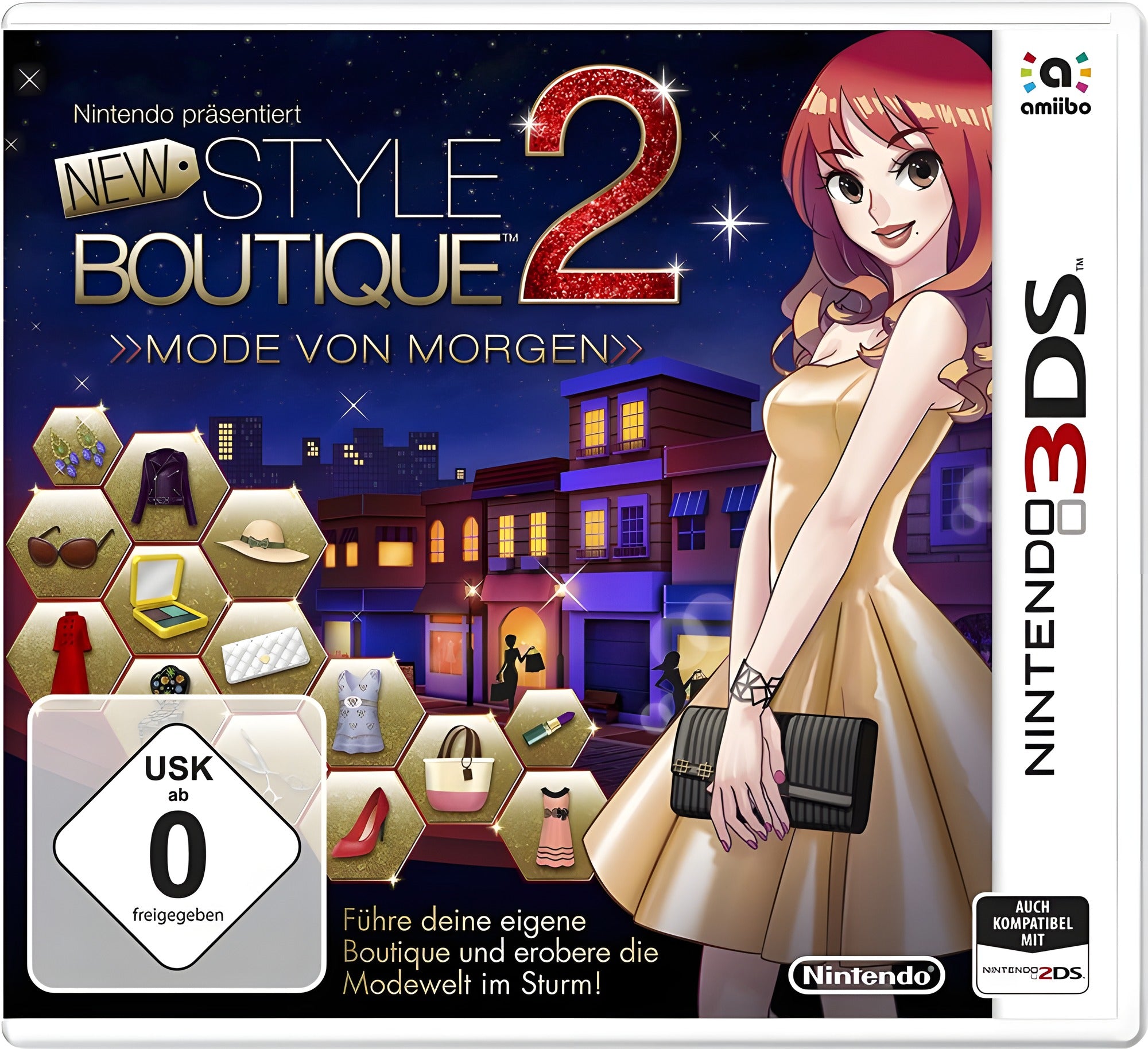 Das Cover von New Style Boutique 2: Mode von Morgen für Nintendo 3DS zeigt eine Frau im goldenen Kleid und das USK-Siegel.
