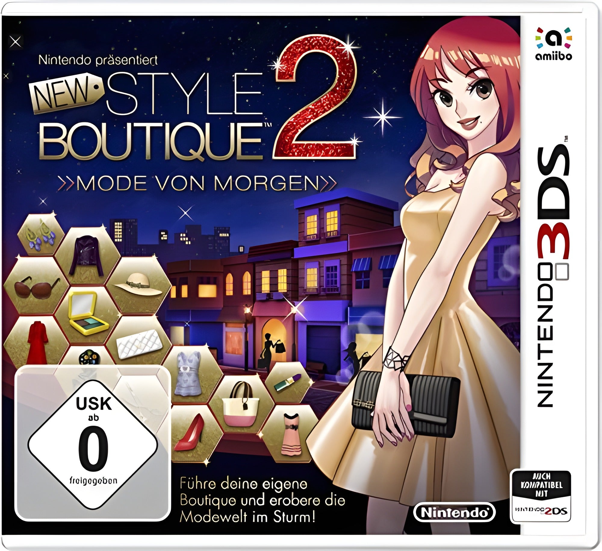 Das Cover von New Style Boutique 2: Mode von Morgen zeigt eine junge Frau vor einer Stadtkulisse und Mode-Icons.