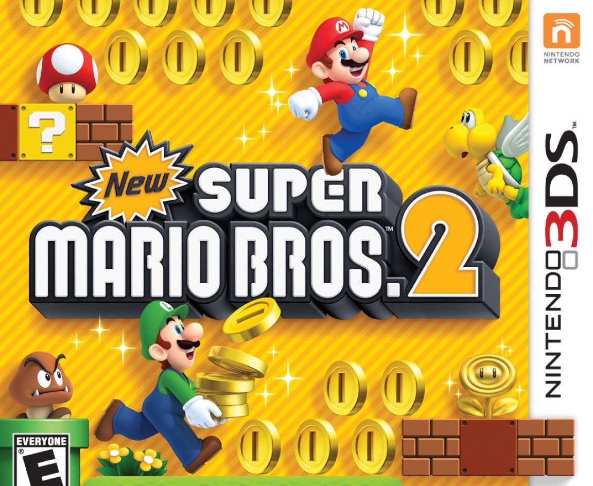 Das Cover von New Super Mario Bros. 2 für Nintendo 3DS zeigt Mario und Luigi beim Sammeln von Münzen.