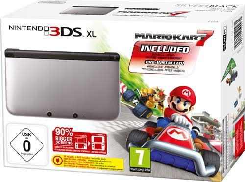 Konsole XL Mario Kart 7 Edition silber + Spiel vorinst. + Netzteil