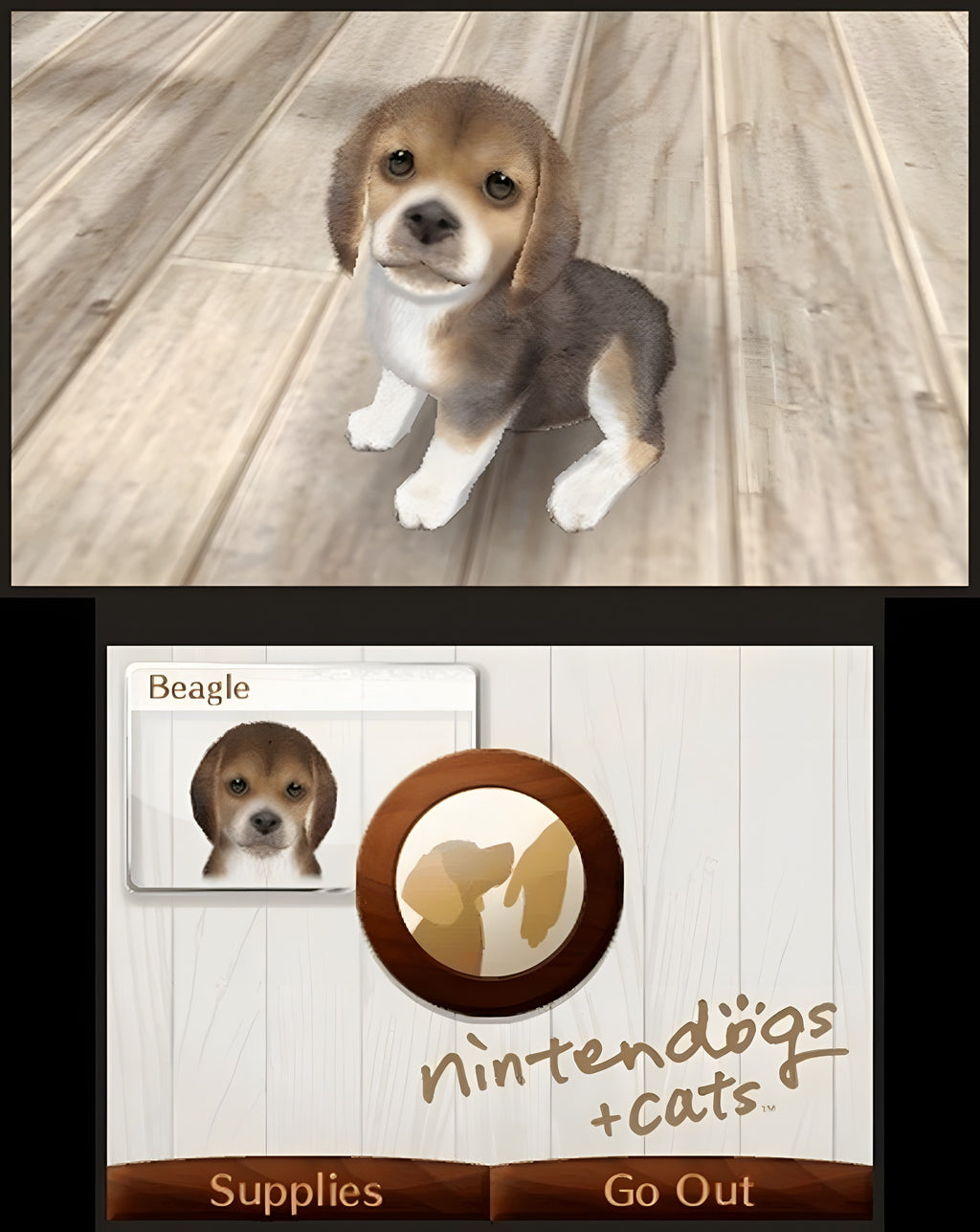 Ein Beagle-Welpe und ein Auswahlmenü sind in Nintendogs + Cats: Golden Retriever & Neue Freunde zu sehen.