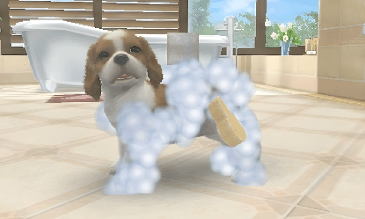 In Nintendogs + Cats: Golden Retriever & Neue Freunde wird ein Hund mit viel Seife gebadet.