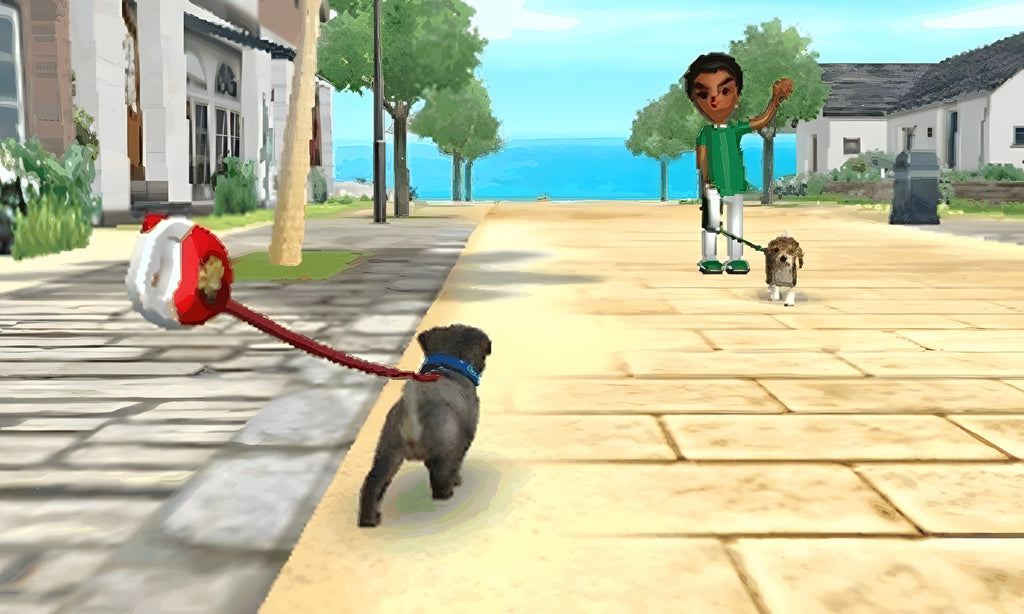 Ein Spaziergang mit einem Hund an der Leine in Nintendogs + Cats: Golden Retriever & Neue Freunde.
