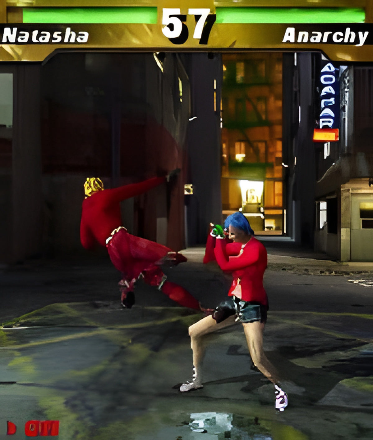 Im Spiel One schlägt Natasha in einer dunklen Gasse einen Gegner in roter Kleidung.