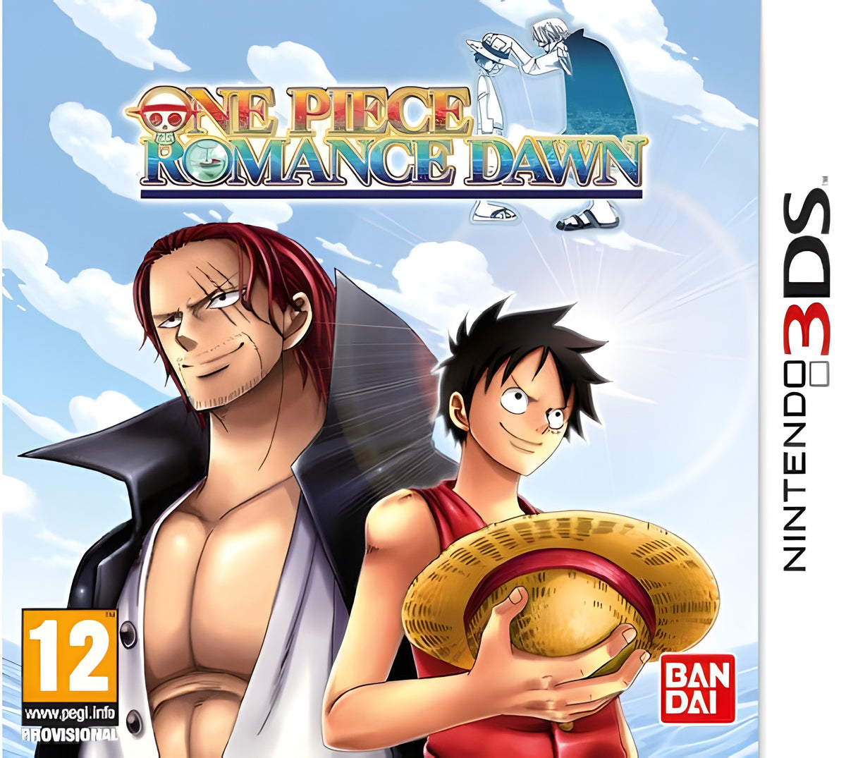 Das Cover von One Piece: Romance Dawn für Nintendo 3DS zeigt Shanks und Ruffy, mit PEGI 12 Siegel.