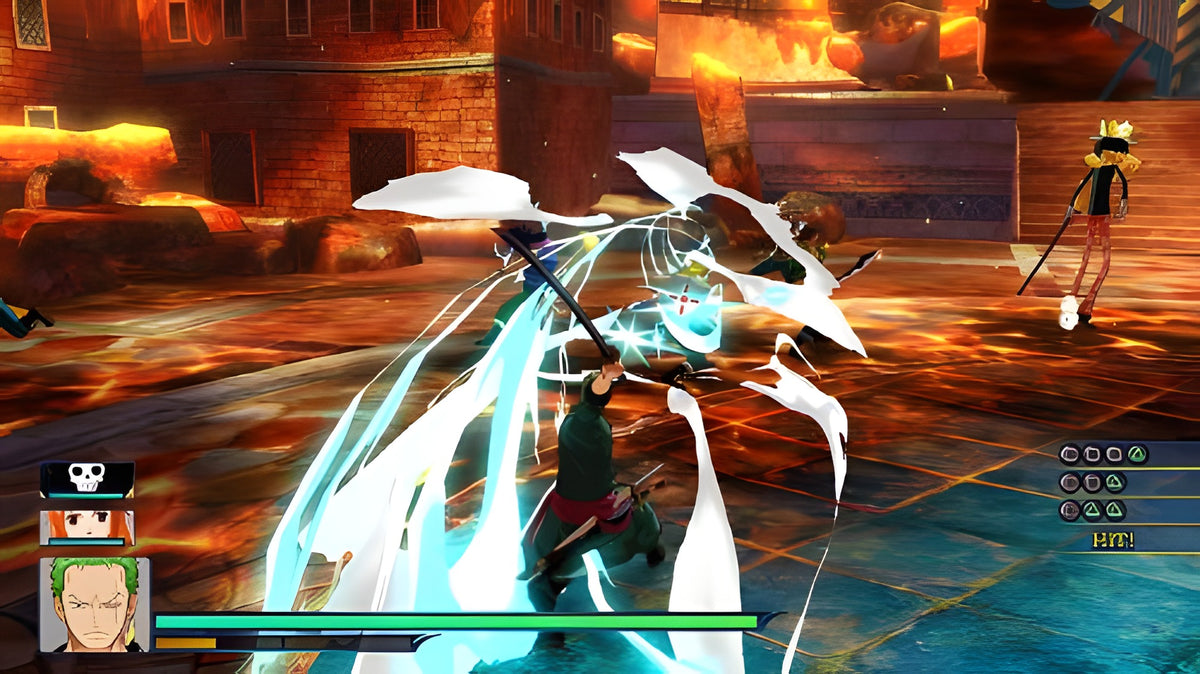 In One Piece: Unlimited World Red Strohhut-Edition kämpft Zorro mit seinen Schwertern in einer Lava-Umgebung.