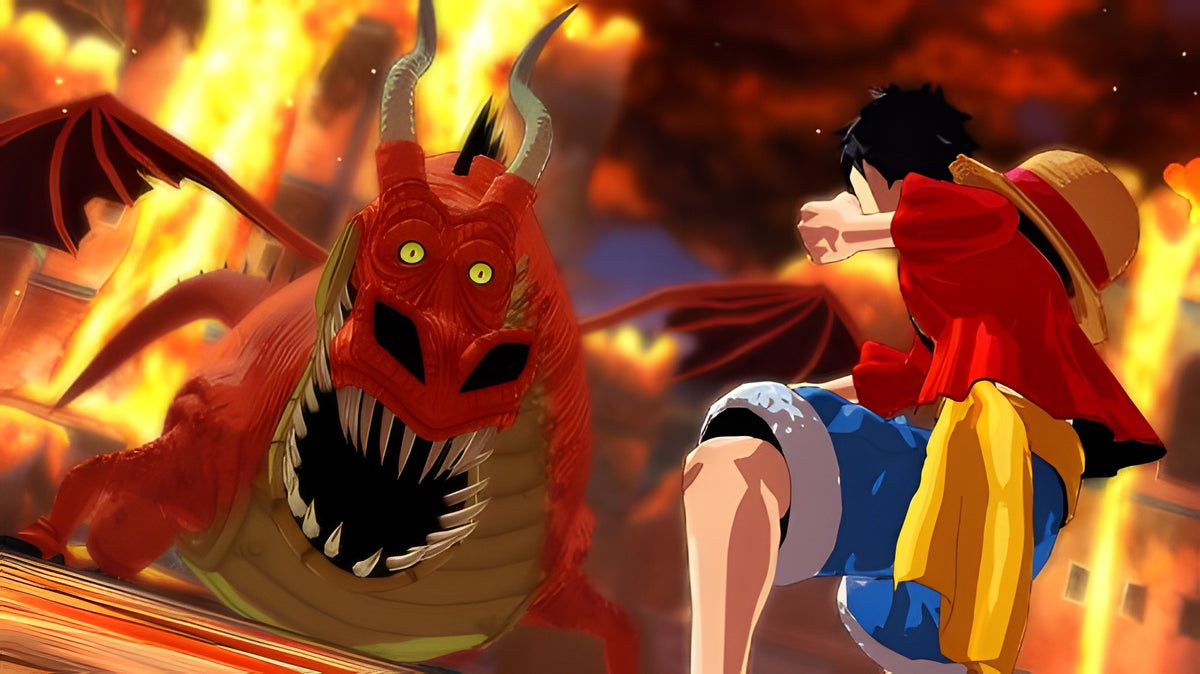 Luffy kämpft in One Piece: Unlimited World Red Strohhut-Edition gegen einen roten Drachen.