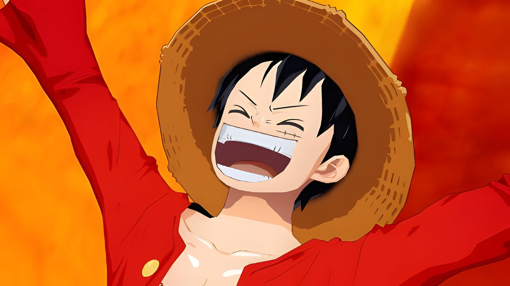 Luffy lacht fröhlich mit erhobenen Armen in One Piece: Unlimited World Red Strohhut-Edition.