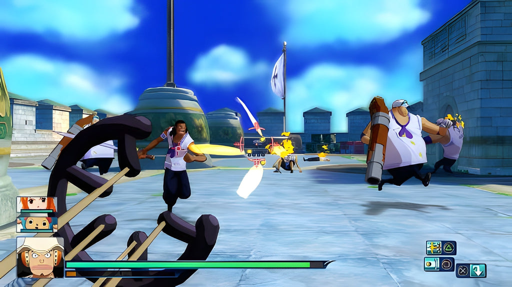 Eine Kampfszene aus One Piece: Unlimited World Red Strohhut-Edition zeigt mehrere Charaktere in einer Stadt.