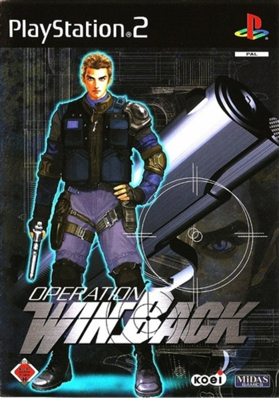 Operation Winback für PlayStation 2 zeigt einen bewaffneten Mann vor einem großen Gewehr und dem USK-Siegel ab 18.