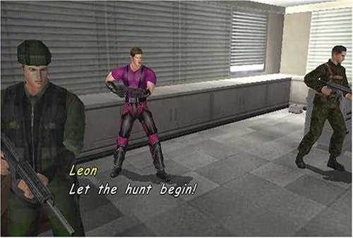 Drei Spielfiguren in einem Raum, eine davon mit dem Namen Leon und dem Dialog "Let the hunt begin!".