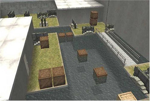 Eine Übersichtskarte zeigt ein Level mit Wasserflächen, Kisten als Deckung und erhöhten Plattformen.