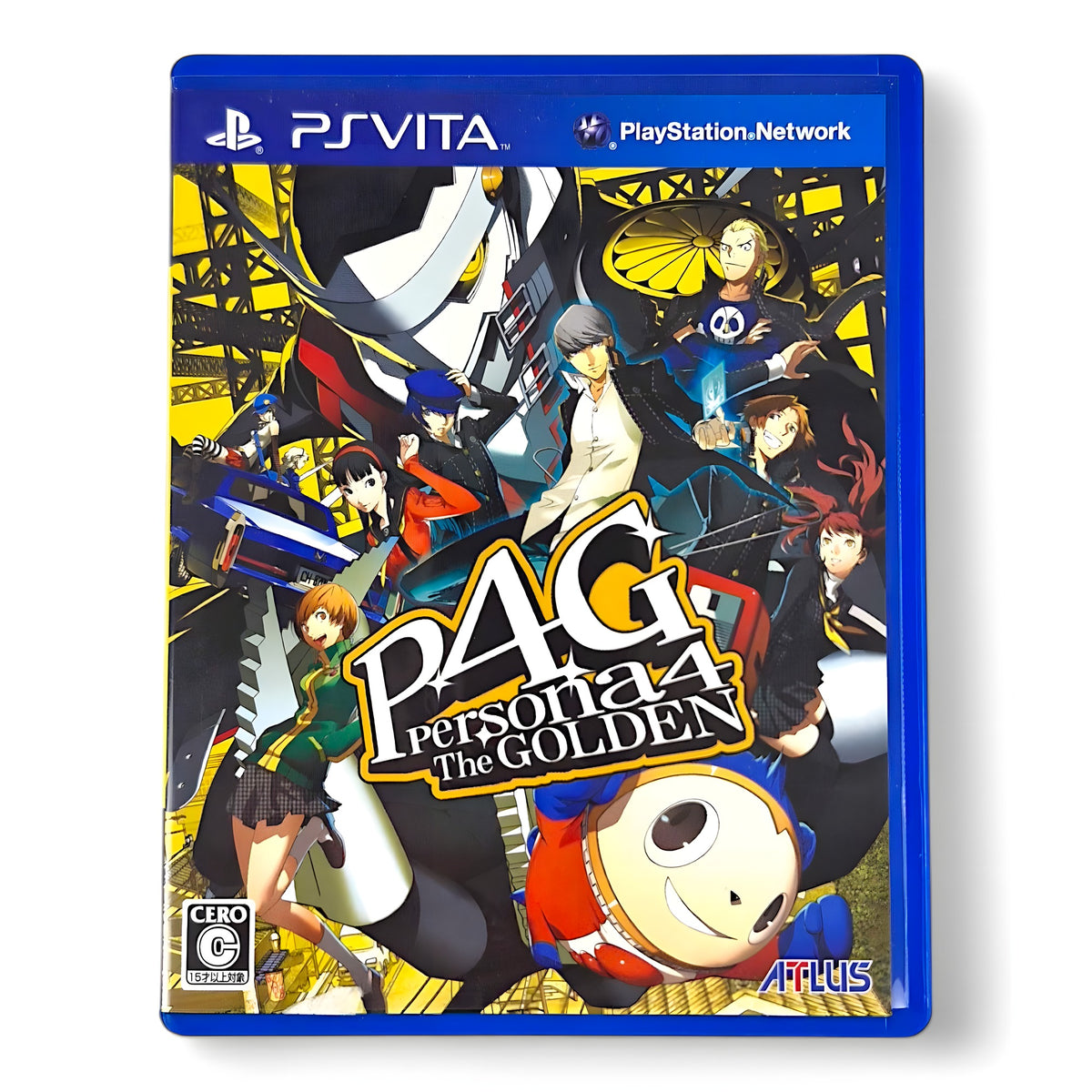 Das Cover von P4G / Persona 4: The Golden für PS Vita zeigt mehrere Anime-Charaktere und einen Roboter.