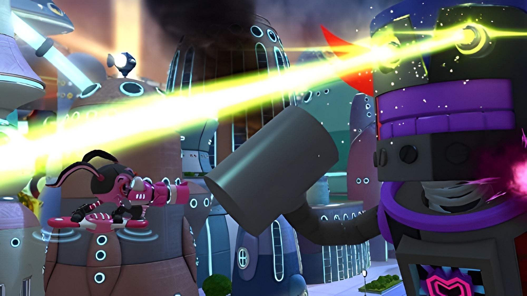 In Pac-Man 2 und die Geisterabenteuer für Nintendo 3DS feuert ein Roboter einen grünen Laserstrahl in einer Stadt ab.