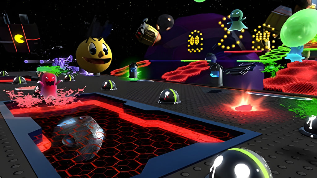 Pac-Man 2 und die Geisterabenteuer für Nintendo 3DS zeigt eine Weltraum-Arena mit Pac-Man und Geistern auf roten Plattformen.
