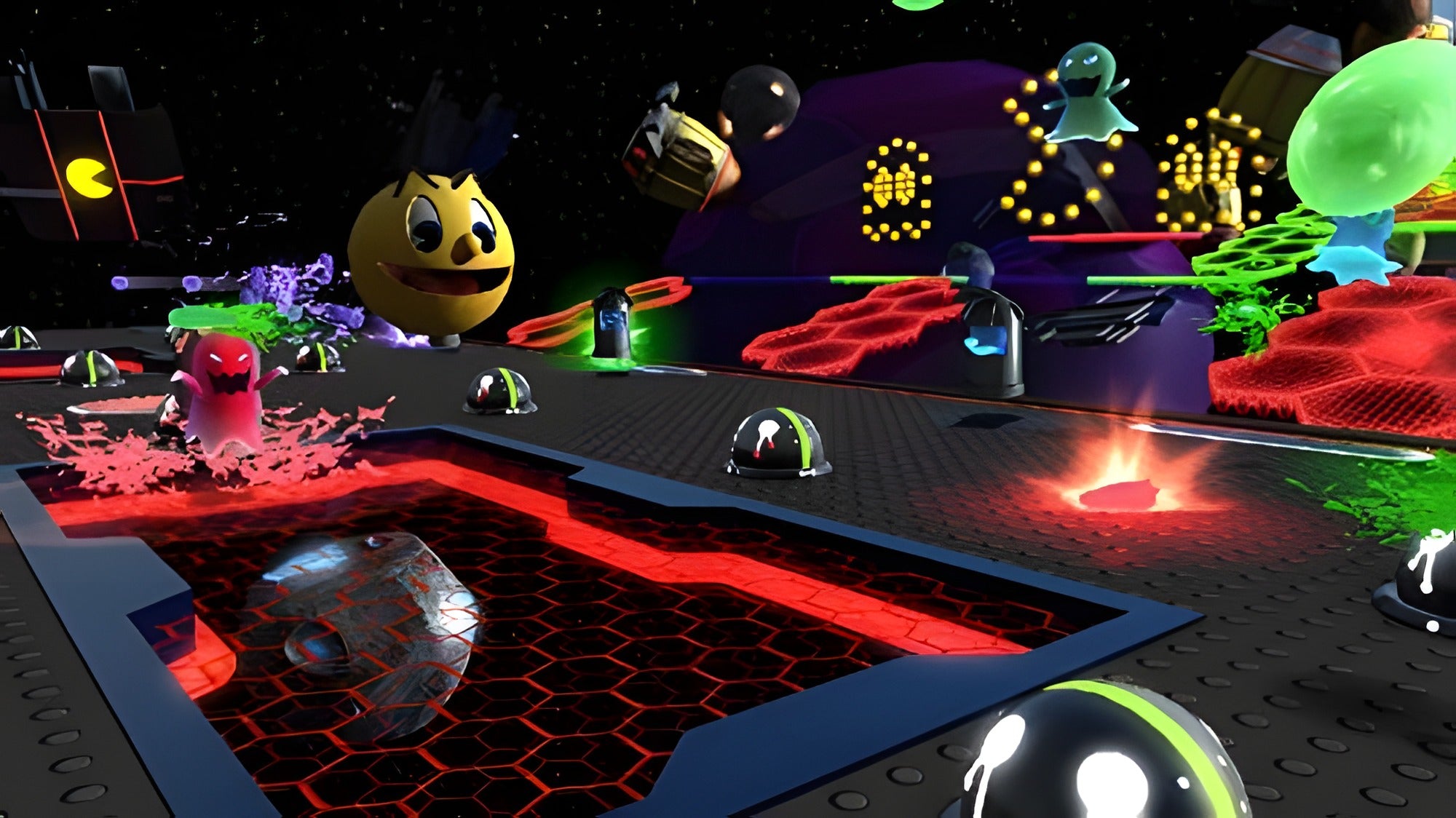 Pac-Man 2 und die Geisterabenteuer für Nintendo 3DS zeigt eine Weltraum-Arena mit Pac-Man und Geistern auf roten Plattformen.