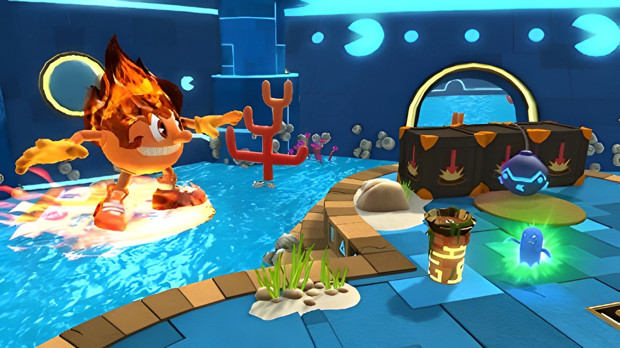 In Pac-Man 2 und die Geisterabenteuer für Nintendo 3DS surft ein feuriger Pac-Man auf dem Wasser in einem blauen Raum.